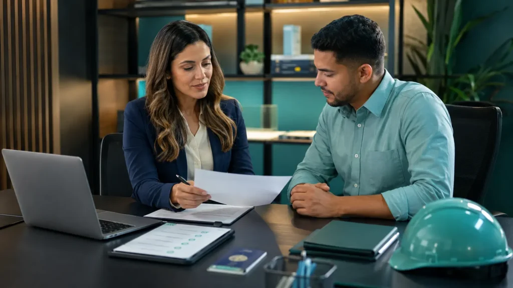 Profissional de RH e novo empregado revisando documentos de admissão e SST