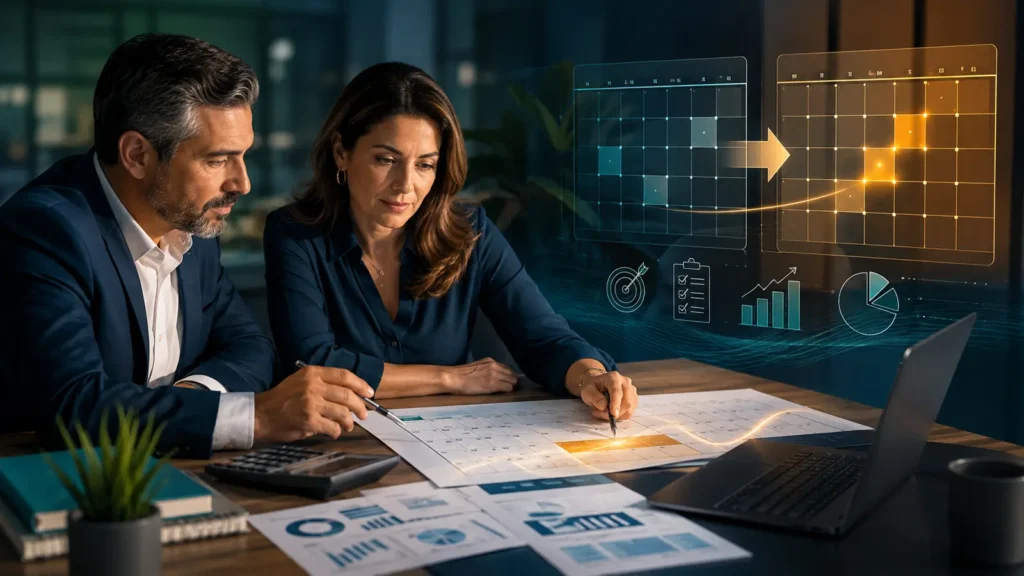 Contador e empresária analisando o calendário tributário do Simples Nacional para 2027